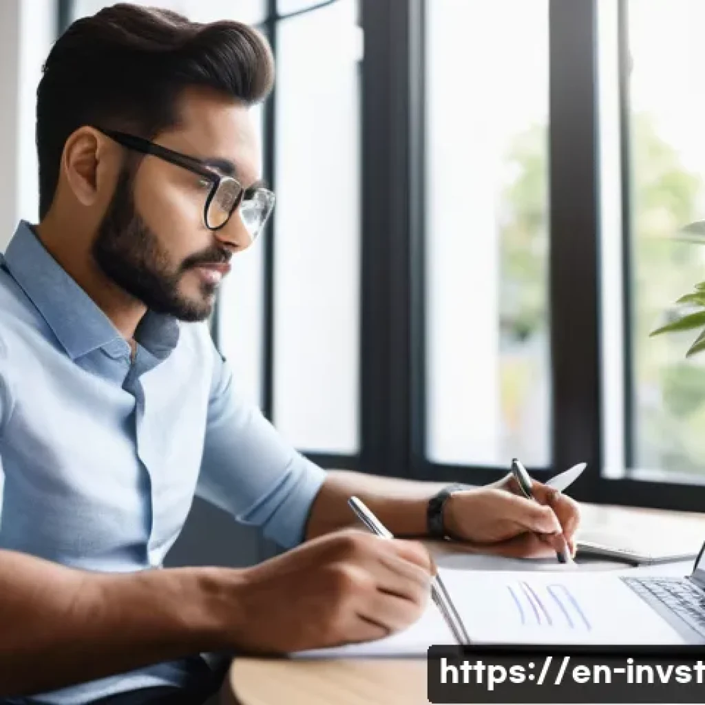 부정적 감정의 투자 극복 사례 - A confident young professional sitting at a modern home office desk, reviewing a small investment po...