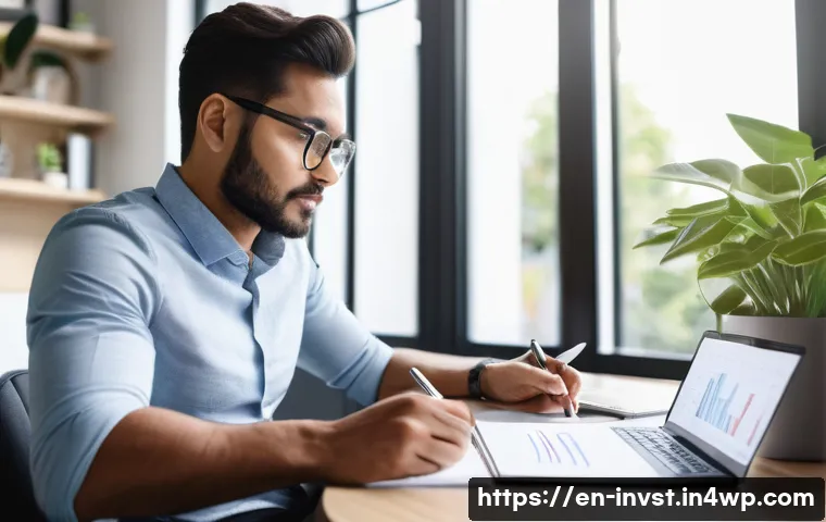 부정적 감정의 투자 극복 사례 - A confident young professional sitting at a modern home office desk, reviewing a small investment po...