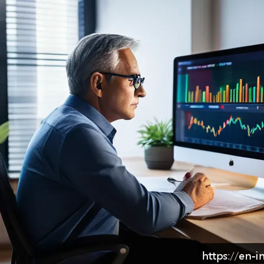 투자자 교육과 심리적 준비의 중요성 - A thoughtful middle-aged investor sitting at a modern home office desk, surrounded by multiple compu...