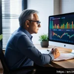 Home 19 투자자 교육과 심리적 준비의 중요성 - A thoughtful middle-aged investor sitting at a modern home office desk, surrounded by multiple compu...
