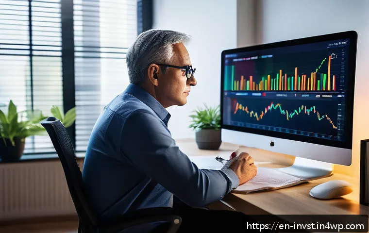 투자자 교육과 심리적 준비의 중요성 - A thoughtful middle-aged investor sitting at a modern home office desk, surrounded by multiple compu...
