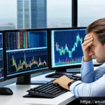 Home 18 투자자 행동의 패턴 이해하기 - A professional investor sitting at a modern desk cluttered with multiple computer screens displaying...