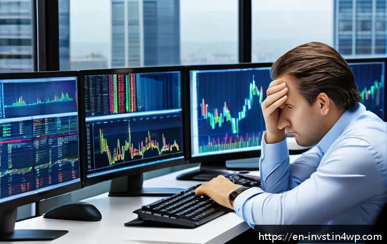 투자자 행동의 패턴 이해하기 - A professional investor sitting at a modern desk cluttered with multiple computer screens displaying...