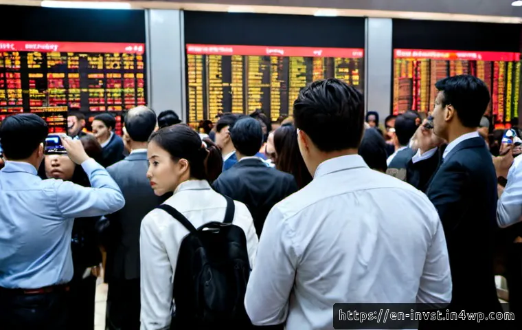 군집 심리가 투자에 미치는 영향 - Photorealistic Wall Street trading floor during a sudden market selloff, a dense crowd of diverse in...