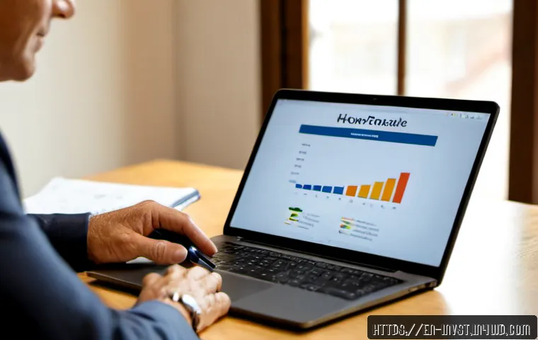 Home 30 투자자의 심리적 회복력 키우기 - Photorealistic mature investor calmly reviewing a simple blank financial chart on a laptop at a tidy...