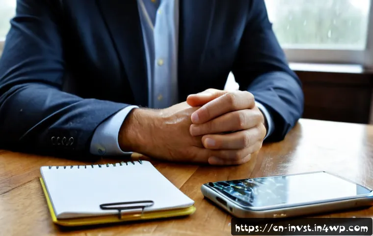 불확실성 속에서 투자 심리 조절하기 - Photorealistic home office scene of a calm middle-aged investor seated at a clean wooden desk during...