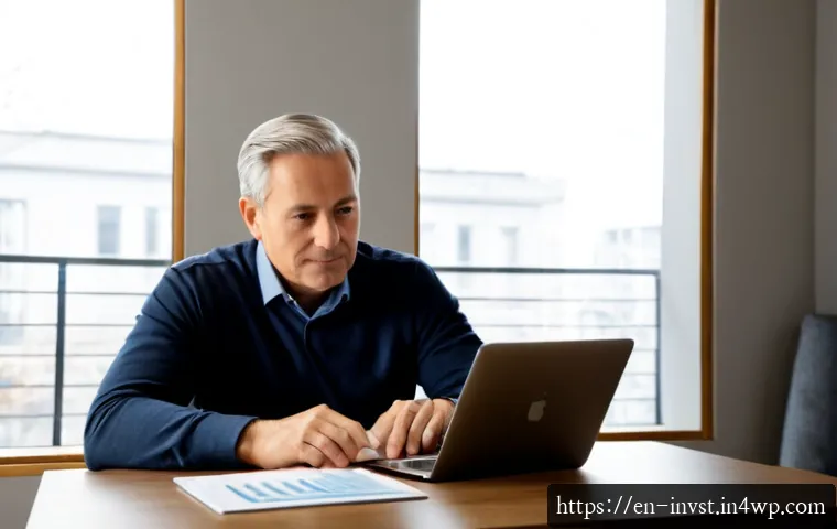 투자자 행동의 심리적 기초 이해하기 - Photorealistic scene of a middle-aged American investor at a clean home office desk, thoughtfully co...